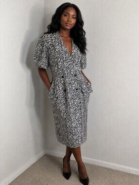 Liz Roberts Vintage Black & White Floral Double-Breasted Peplum Dress, Size 16